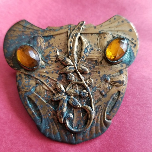 Relisted -Vintage Art Nouveau brooch large yellow gem gold sash pin - Picture 2 of 7